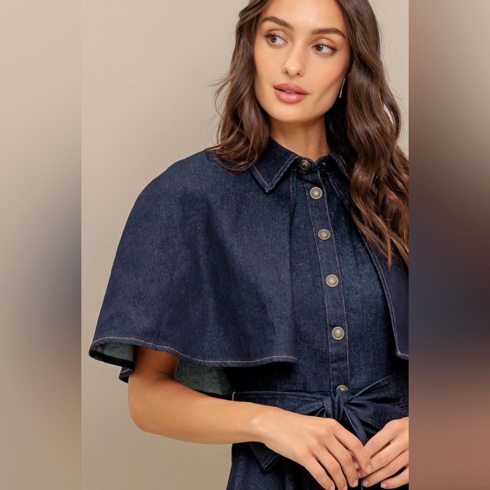 Stylish Navy Button-Up Cape Dress - Picture 5 of 10